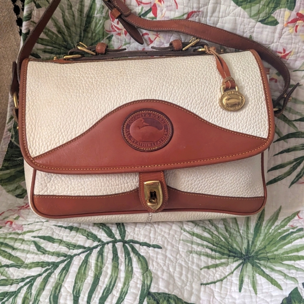 Dooney & Bourke  Vintage White and Brown Satchel with Gold Hardware